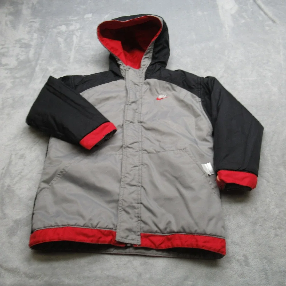 Vintage Nike Jacket Youth 6 Full Zip Red Black Reversible Hooded Full Zip Puffer